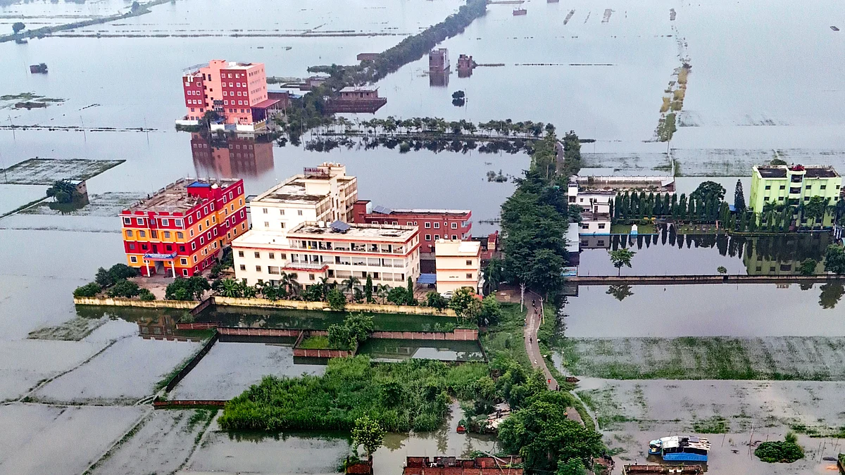 An aerial view of the Punpun area following a rise in water levels of the Punpun river, in Patna, 10 Sep