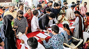 Voters wait to submit documents after receiving SIR notices in Hyderabad, 8 Sep