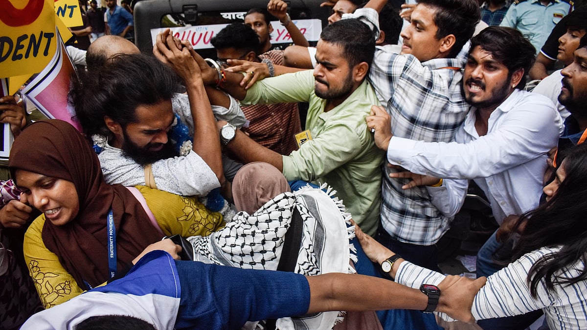 ABVP supporters in a scuffle during campaigning ahead of the DUSU elections, 16 Sep