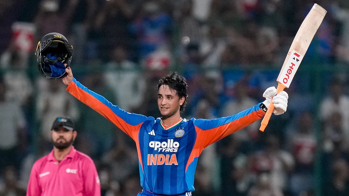 Abhishek Sharma celebrates after smashing a 30-ball century in New Delhi.
