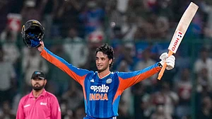Abhishek Sharma celebrates after smashing a 30-ball century in New Delhi.