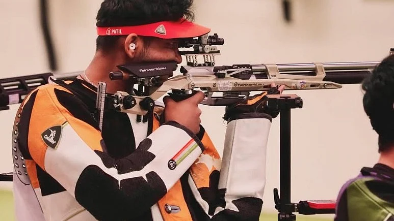 Rudrankksh Patil competes in the men’s 10m air rifle event at the Asian Games 2026.