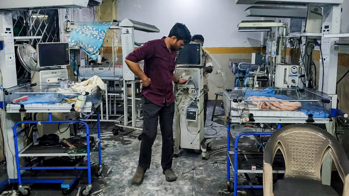 Charred remains of RIMS’ newborn care unit after an AC-related fire in Telangana.