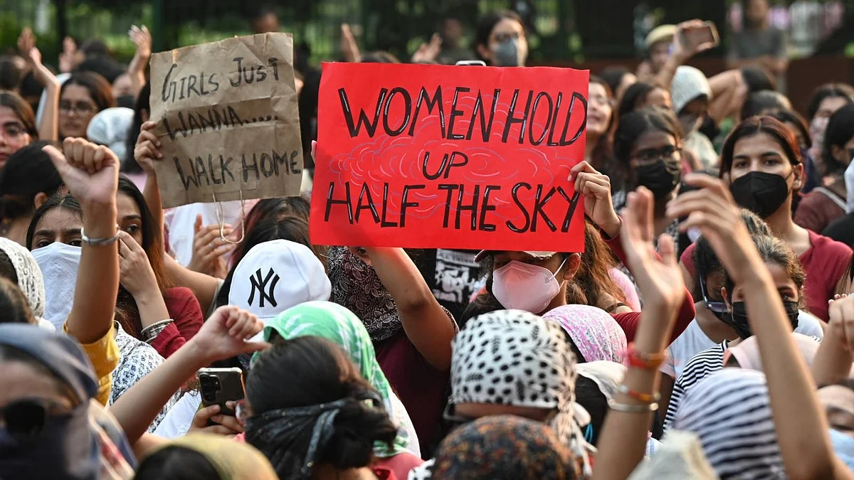 Students of Lady Shri Ram college at a protest march in Delhi, 23 September