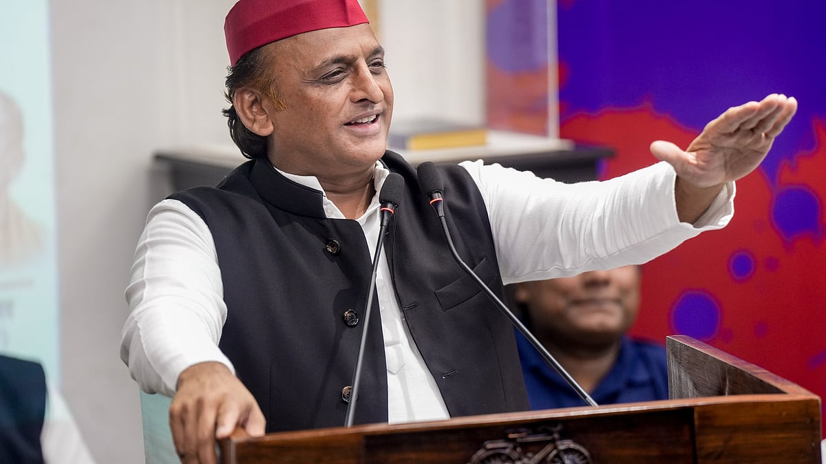 Akhilesh Yadav addresses a press conference in Lucknow.