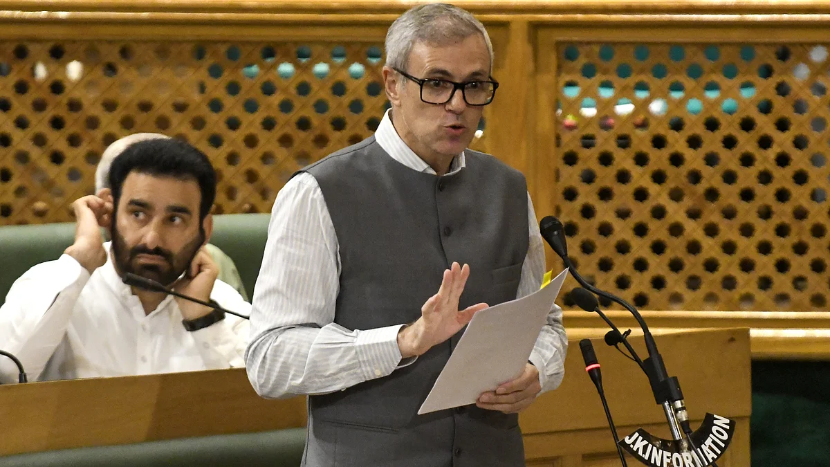 Omar Abdullah moves a resolution during the assembly session in Srinagar.