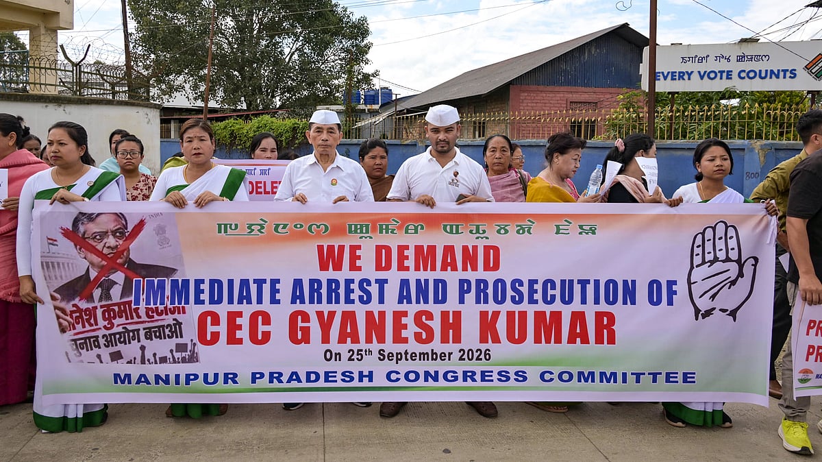 Protesters demand Gyanesh Kumar’s arrest in Manipur.