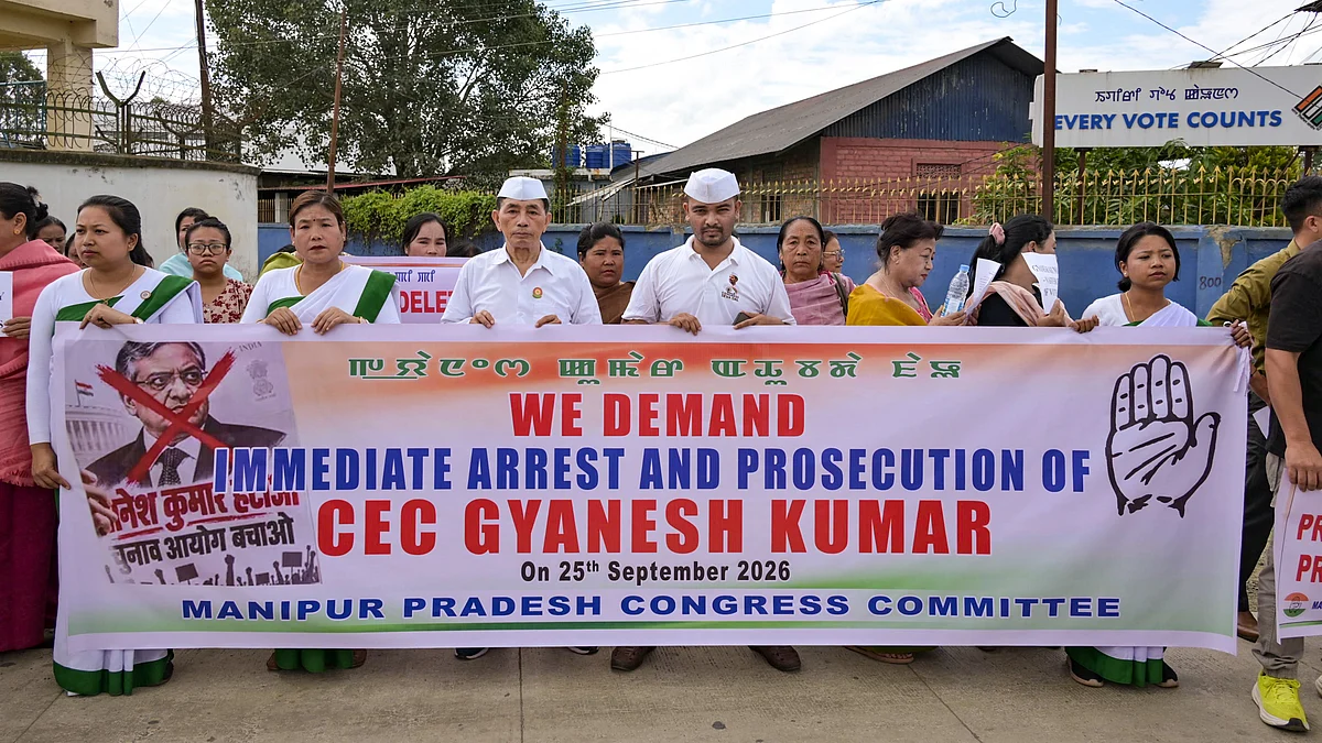 Protesters demand Gyanesh Kumar’s arrest in Manipur.