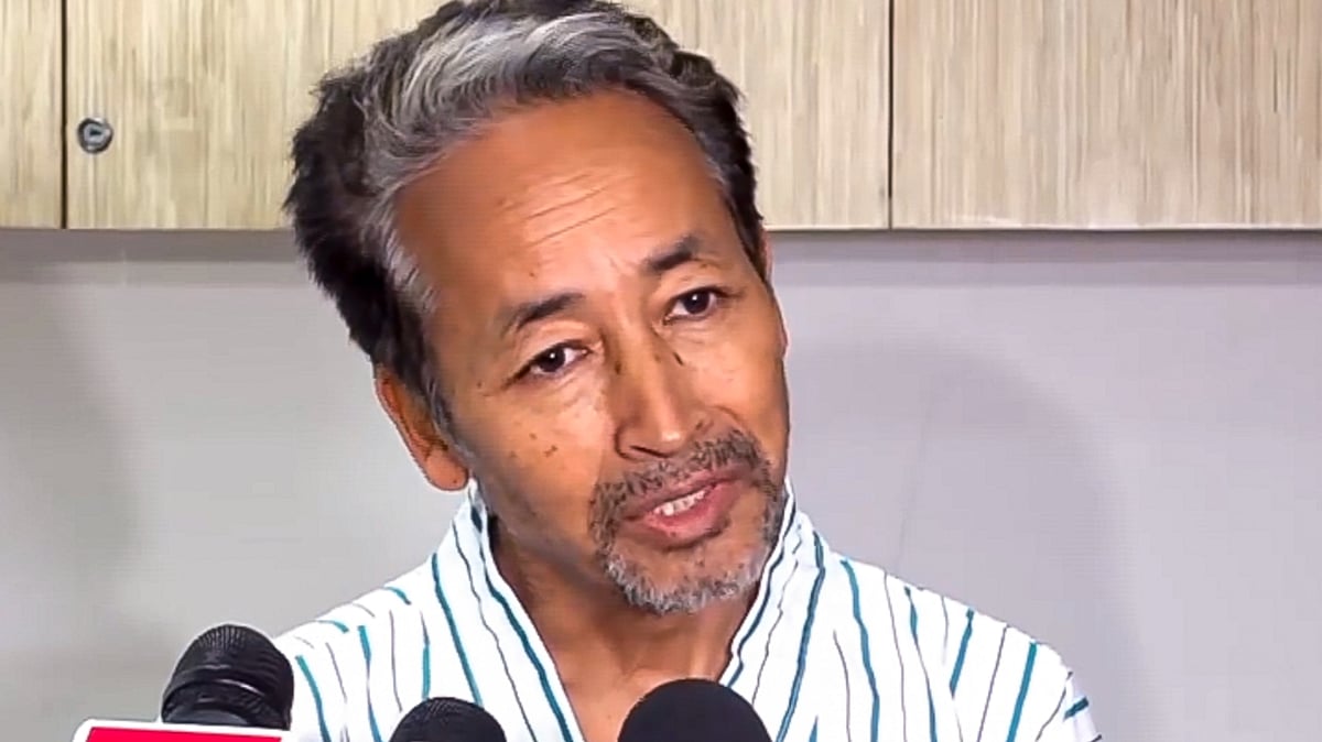 Climate activist Sonam Wangchuk addresses the media in Gurugram.