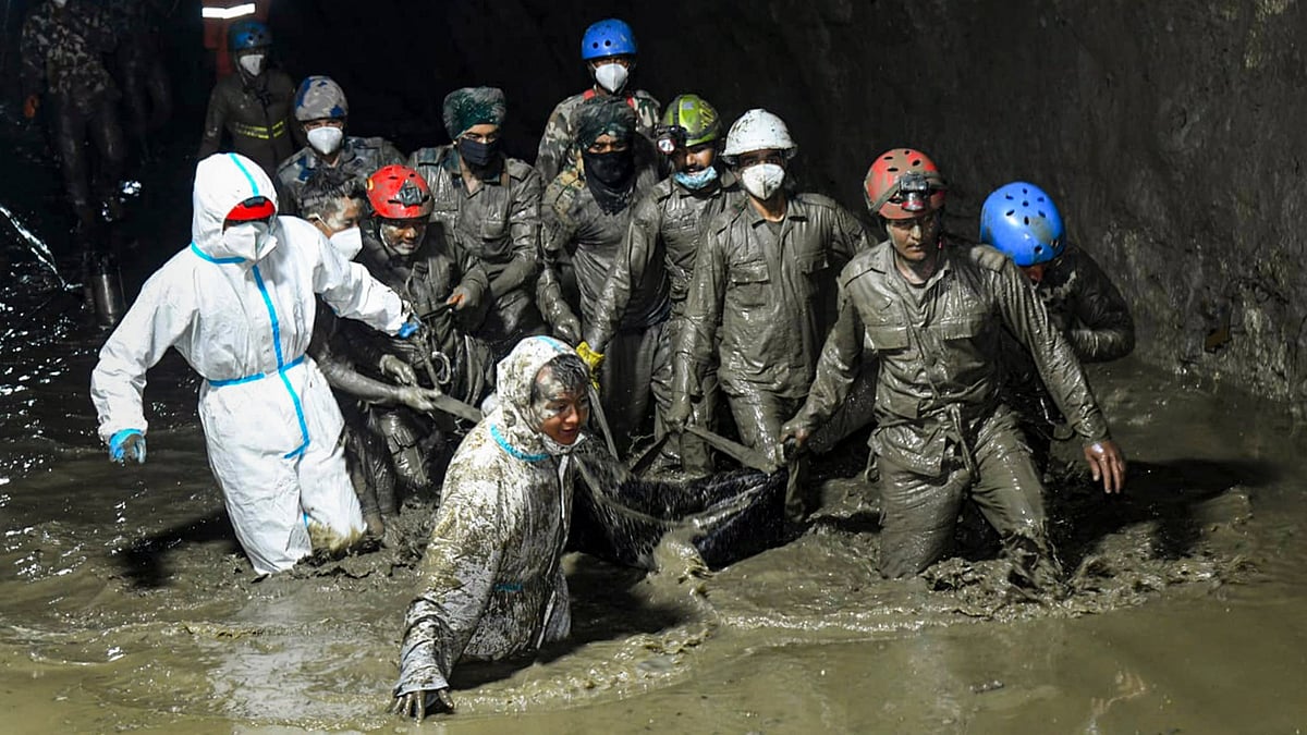 Nepal Army personnel conducting rescue operations at the Chilime hydropower project
