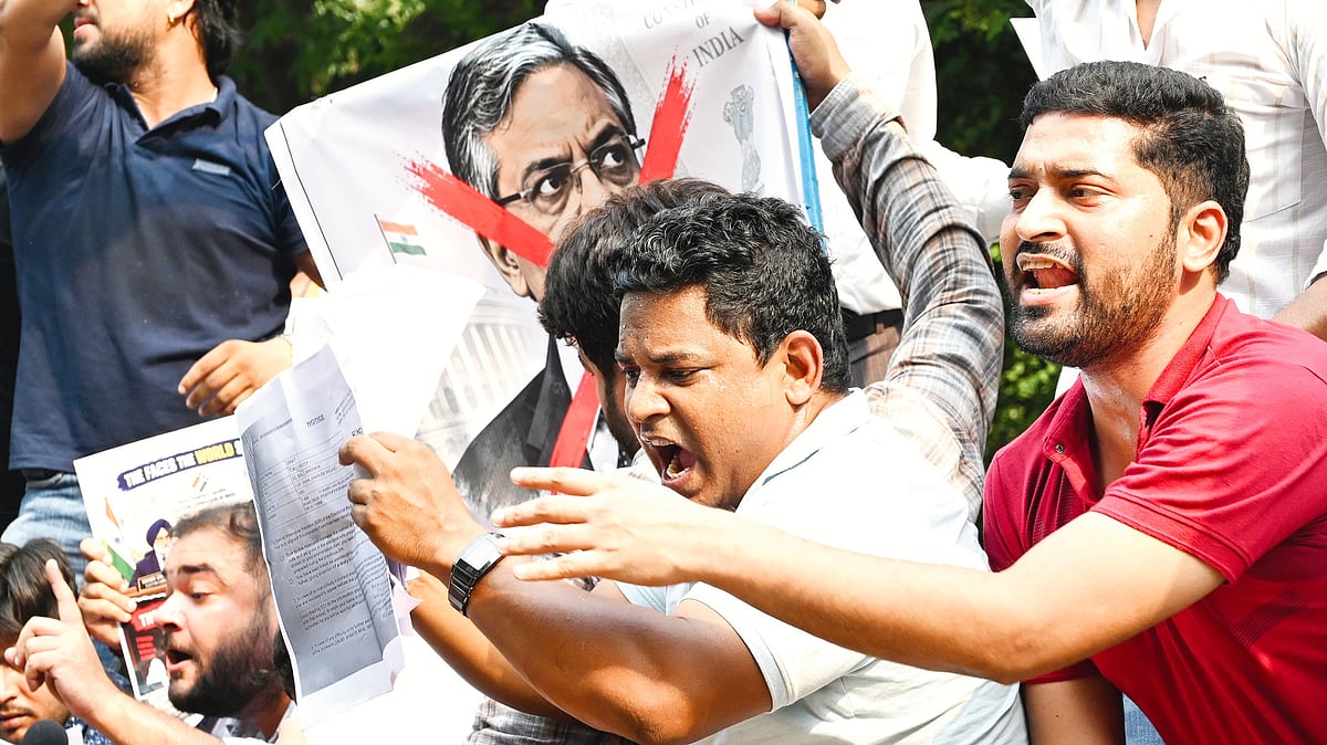 A protest against CEC Gyanesh Kumar in New Delhi