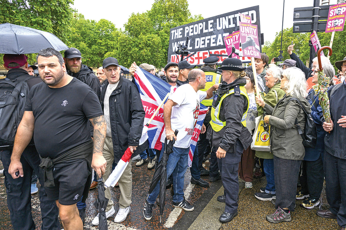 UK Independence Party supporters clash with Stand Up To Racism activists during an anti-Islam demonstration in London