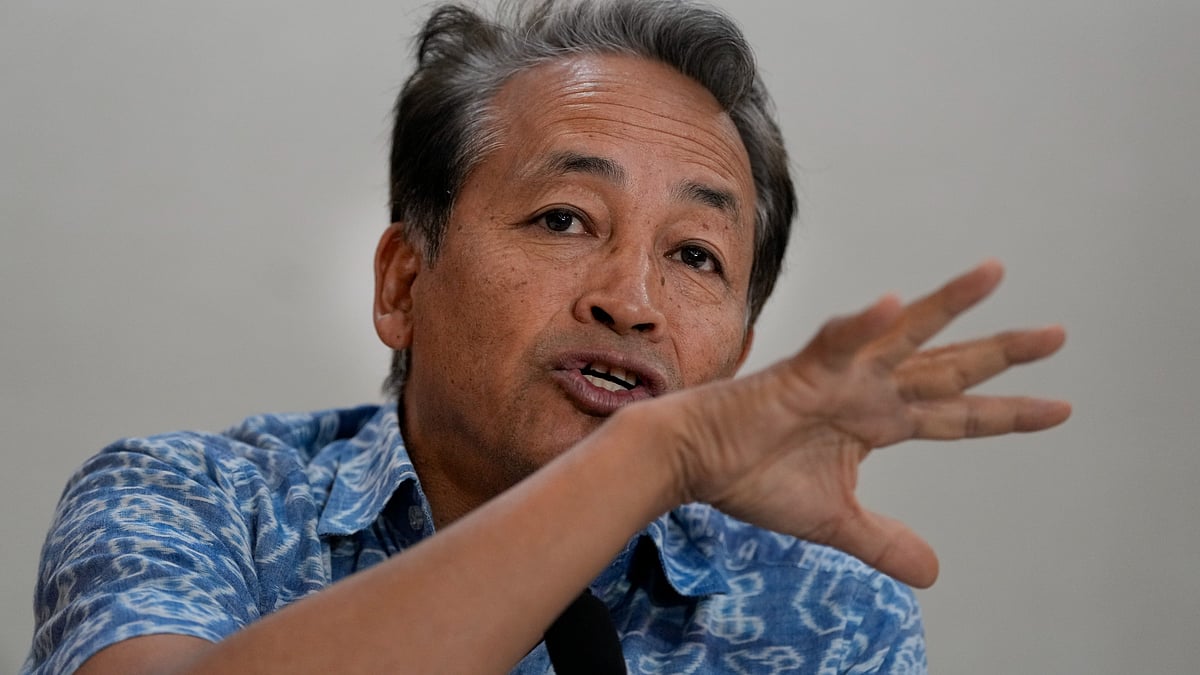Sonam Wangchuk addresses a press conference in New Delhi.