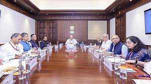 Home minister Amit Shah during a meeting with officials.