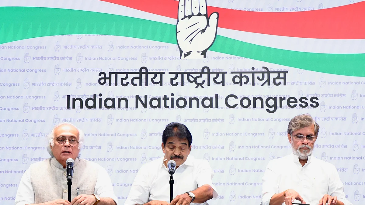 Congress leaders (from left) Jairam Ramesh, K.C. Venugopal and Pawan Khera on 29 September