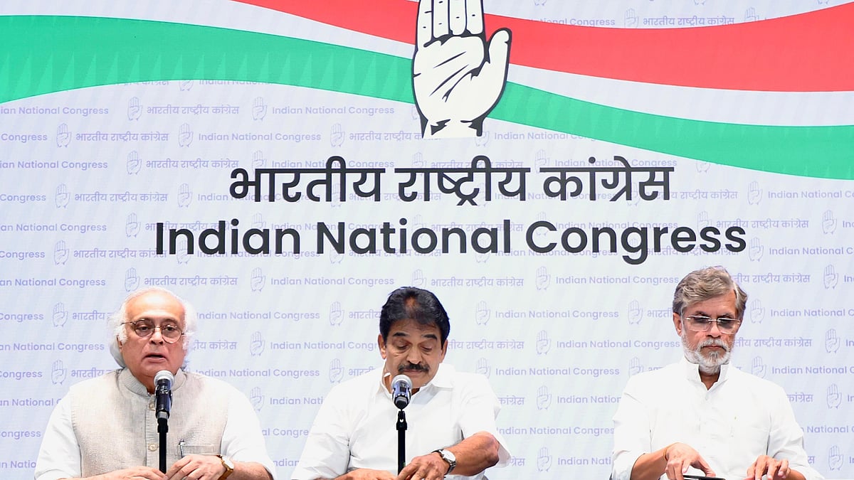 Congress leaders (from left) Jairam Ramesh, K.C. Venugopal and Pawan Khera on 29 September