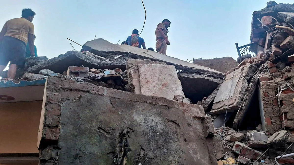 The damaged two-storey building in Malwan, Fatehpur district of Uttar Pradesh