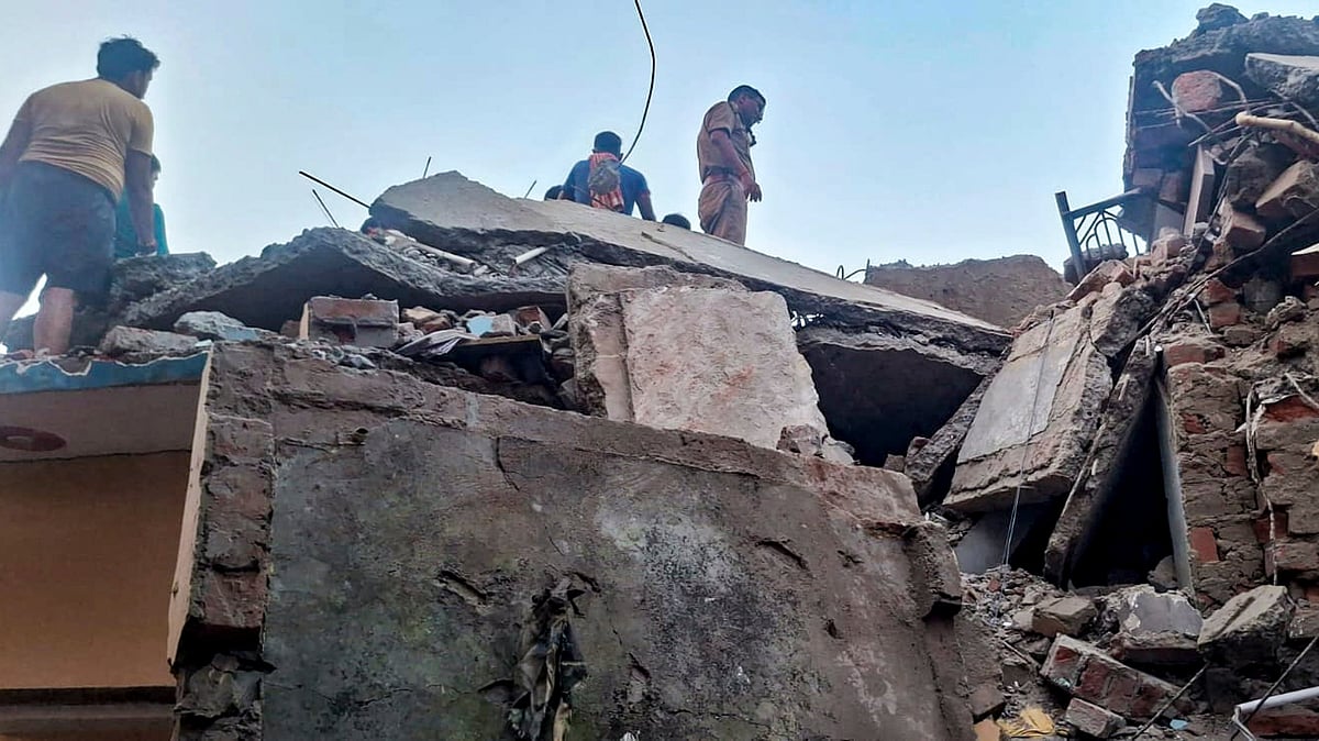The damaged two-storey building in Malwan, Fatehpur district of Uttar Pradesh