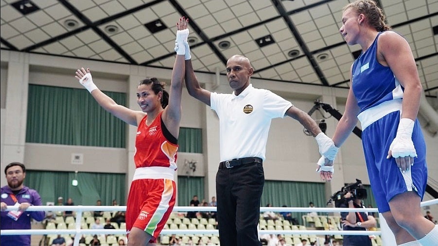Lovlina Borgohain celebrates her semi-final win over Natalya Bogdanova on Wednesday