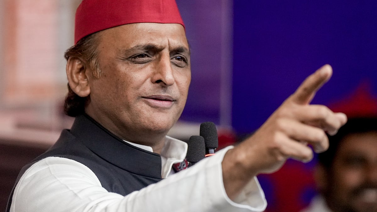 Akhilesh Yadav addresses a press conference in Lucknow.