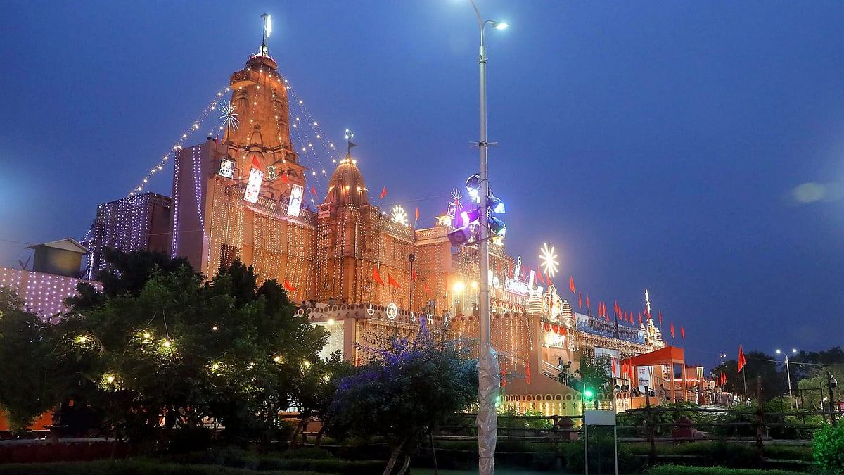 Shri Krishna Janmasthan temple illuminated during Janmashtami in Mathura.