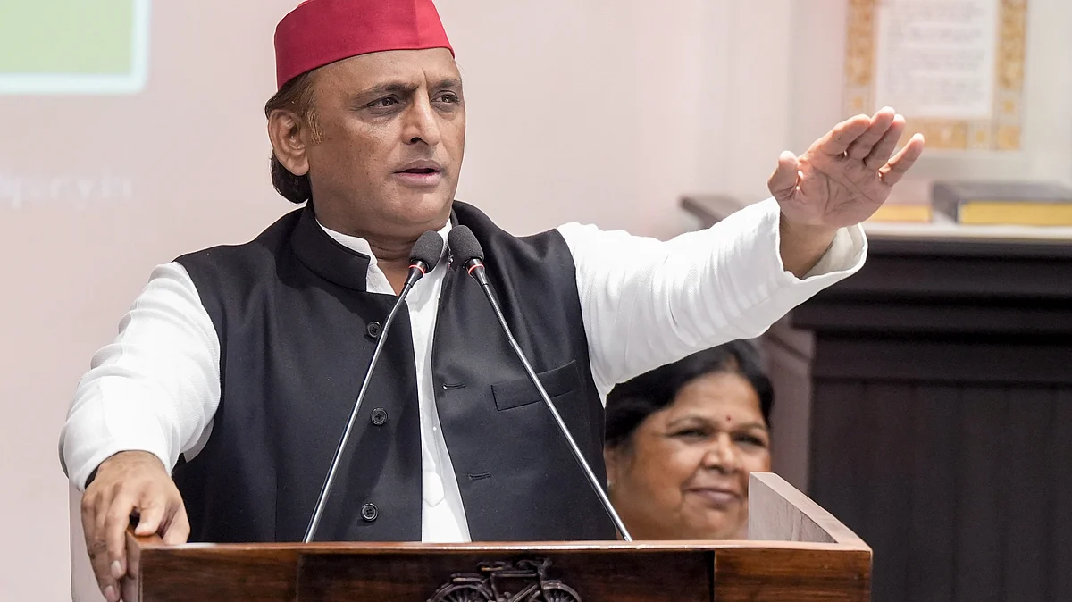 SP president Akhilesh Yadav addresses a press conference in Lucknow.