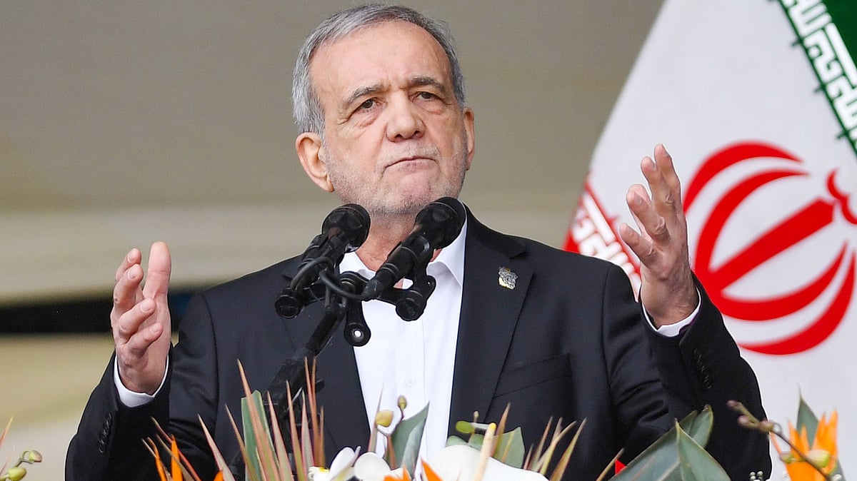 Masoud Pezeshkian delivering a speech in Tehran.