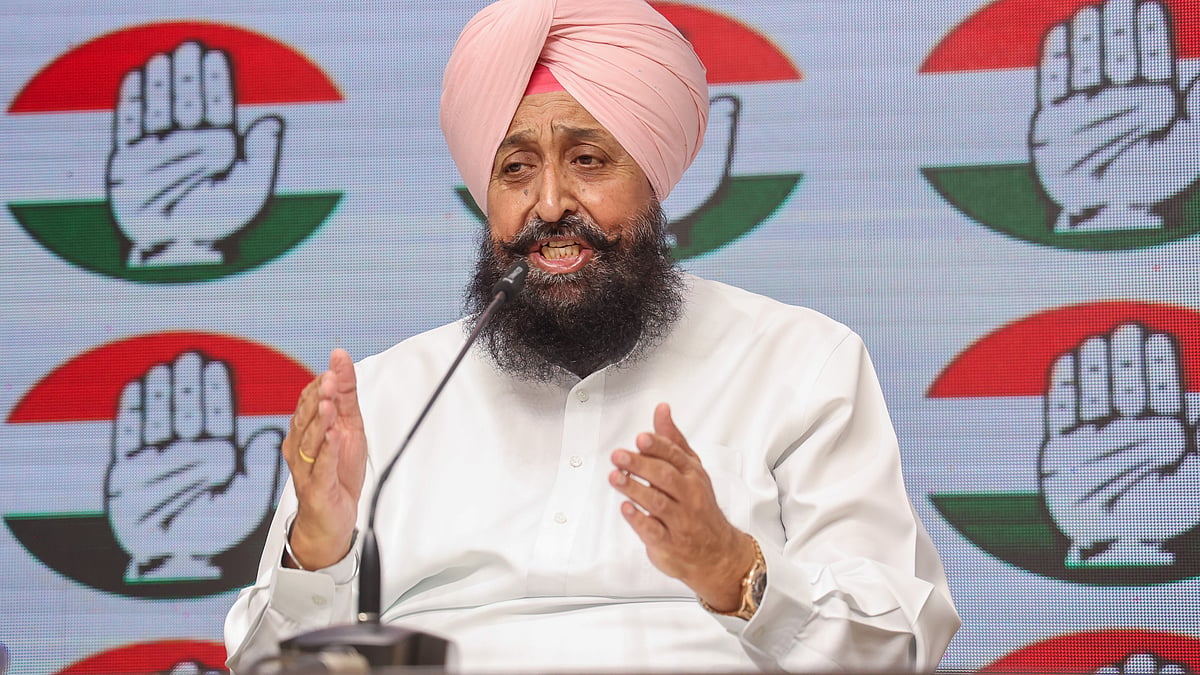 Congress leader Pratap Singh Bajwa addresses a press briefing in New Delhi.