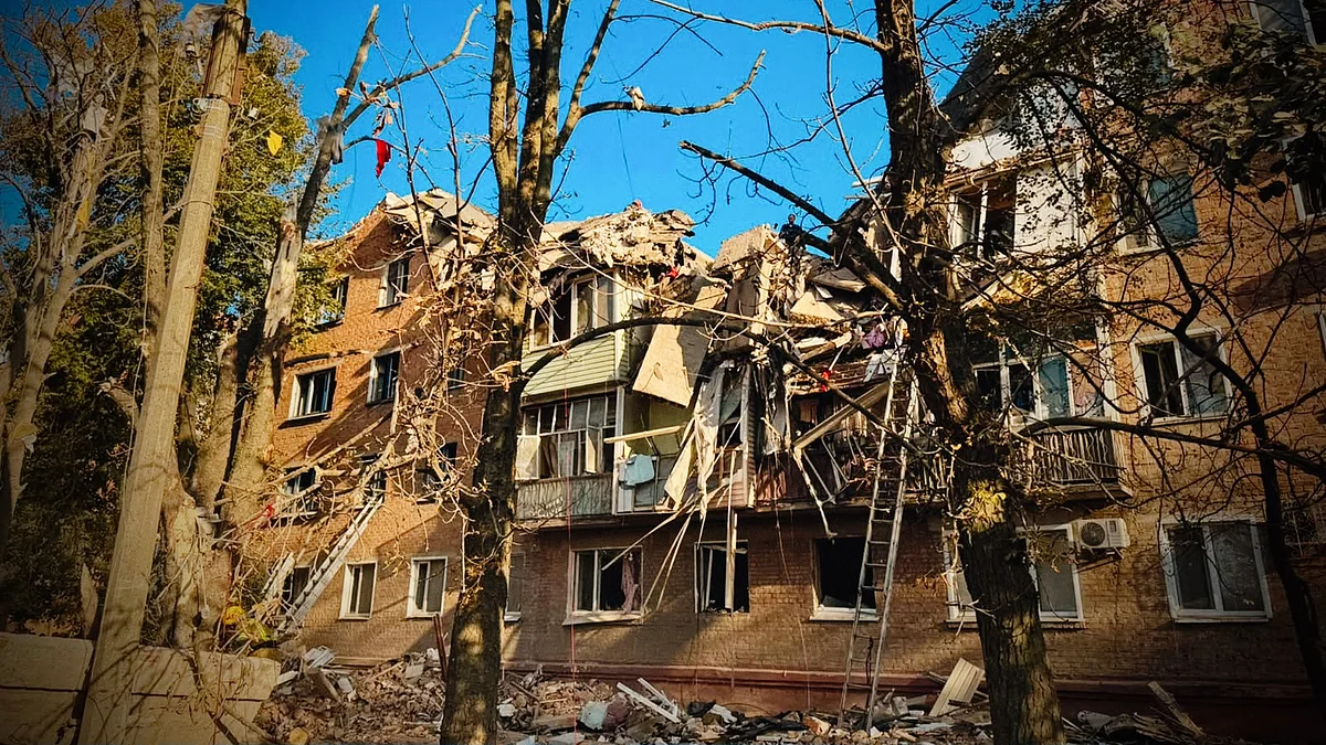 A destroyed residential building in Pryluky, in the Chernihiv region
