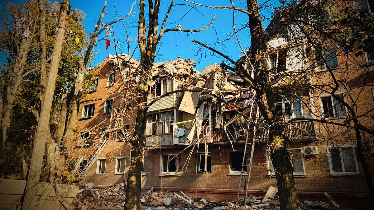 A destroyed residential building in Pryluky, in the Chernihiv region