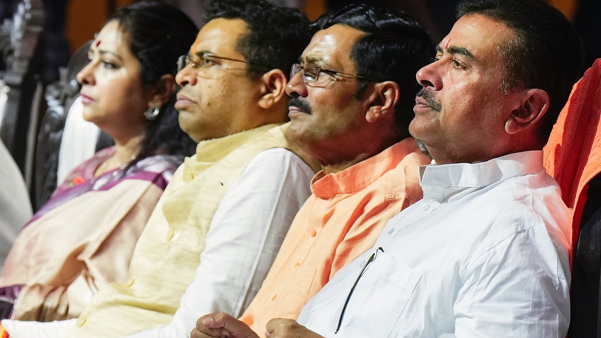 Bengal CM Suvendu Adhikari and BJP leaders at a 'Viksit Bharat Sankalp Sabha' in Kolkata, 7 Oct
