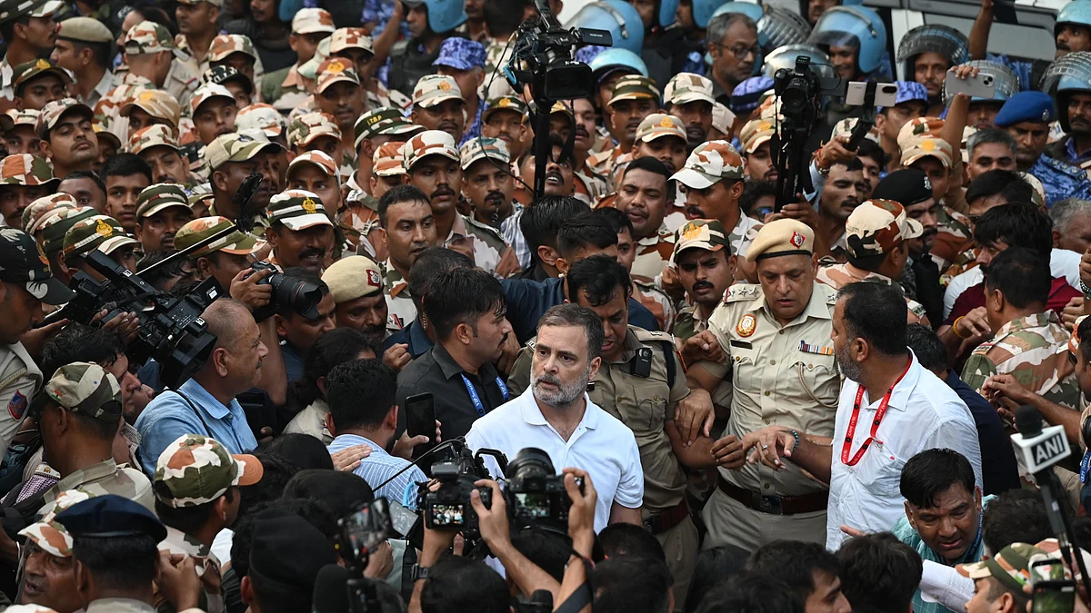 Multiple platoons of central police troops were deployed to restrict Gandhi.