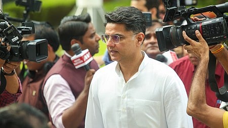 Congress leader Sachin Pilot addresses the media.