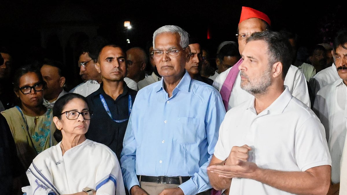 From left: Mamata Banerjee, D Raja, Rahul Gandhi after meeting the President, 9 October