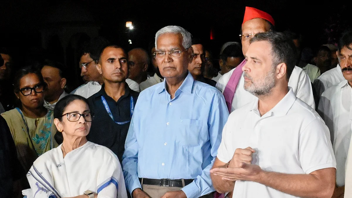 From left: Mamata Banerjee, D Raja, Rahul Gandhi after meeting the President, 9 October