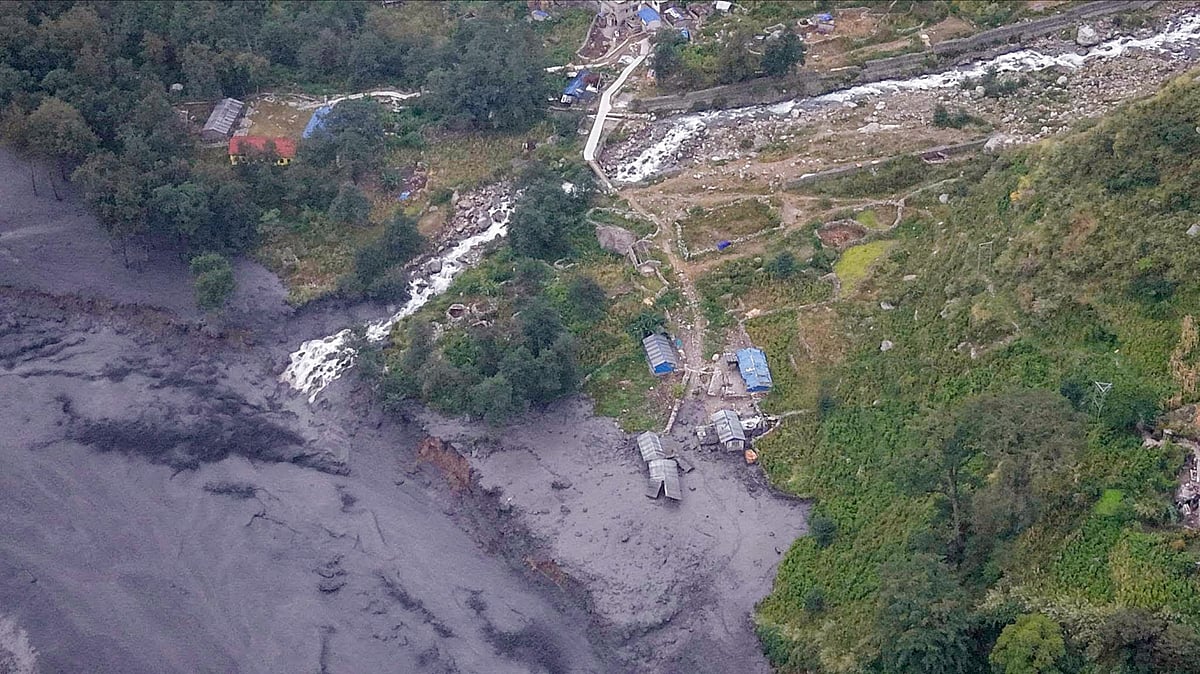 An aerial view of debris and floodwaters of the Budhi Gandaki after a landslide in Nepal