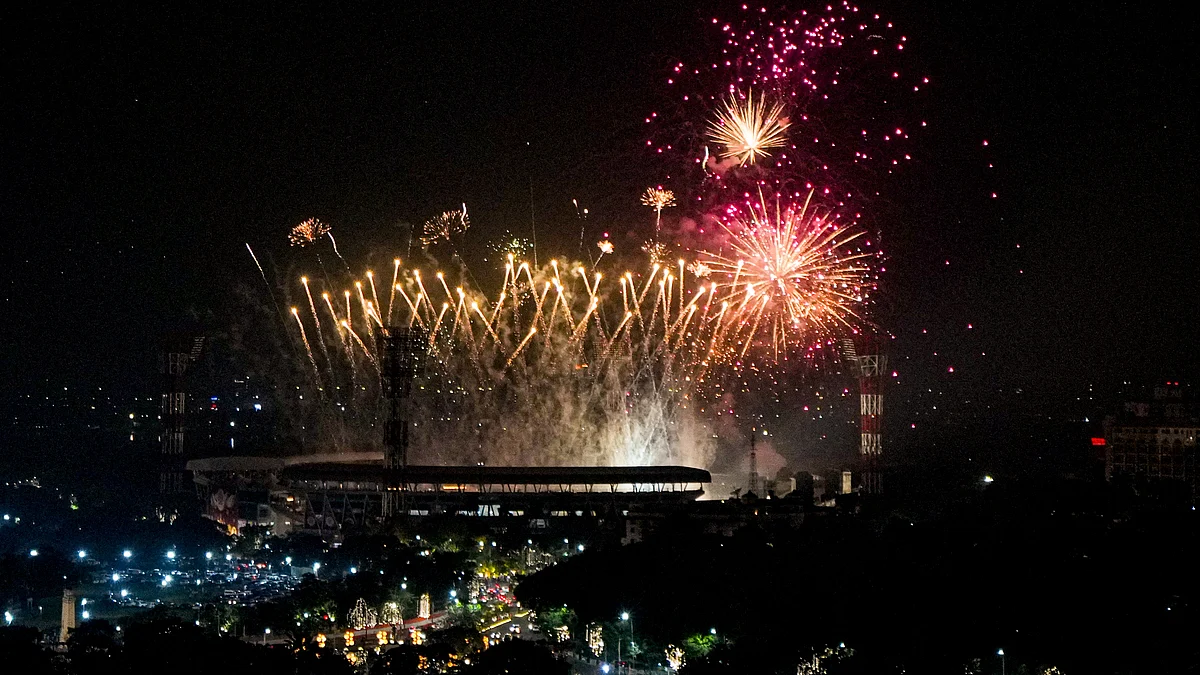 Fireworks illuminate the sky over Eden Gardens in Kolkata.