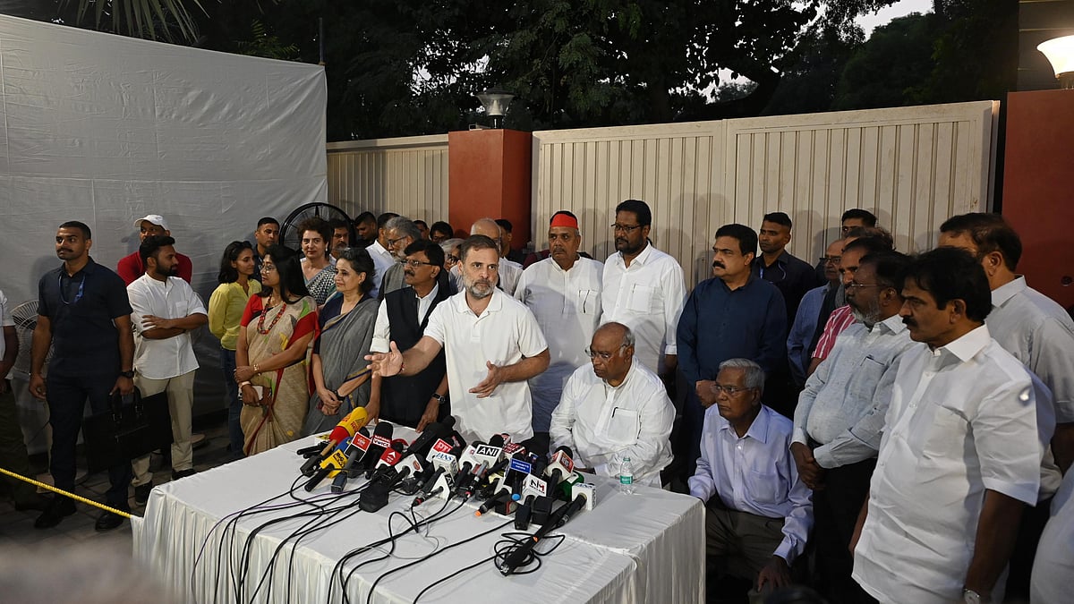 Rahul Gandhi addressing a joint press conference after the INDIA bloc meeting on 13 October