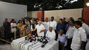Rahul Gandhi addressing a joint press conference after the INDIA bloc meeting on 13 October