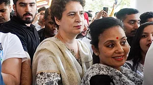 Mahua Moitra (R) and Priyanka Gandhi Vadra after an INDIA bloc lunch, New Delhi, 8 Oct