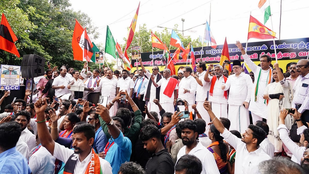 INDIA bloc leaders and supporters raise slogans during the protest in Chennai, 15 Oct