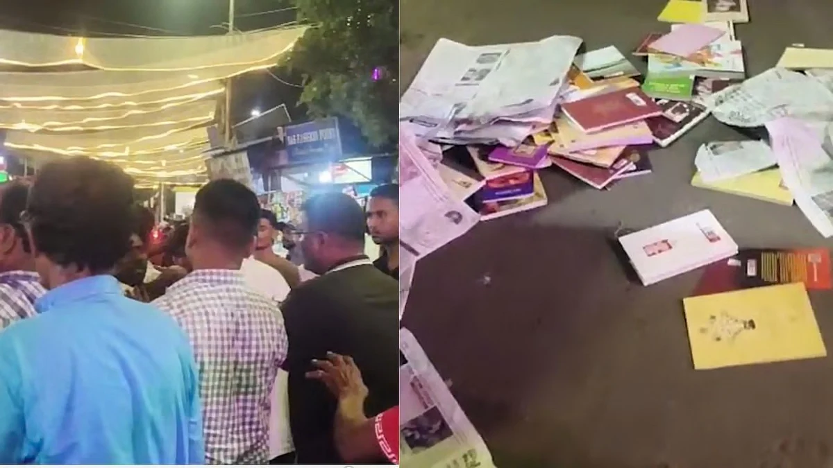 Books strewn after a CPIM book stall was vandalised