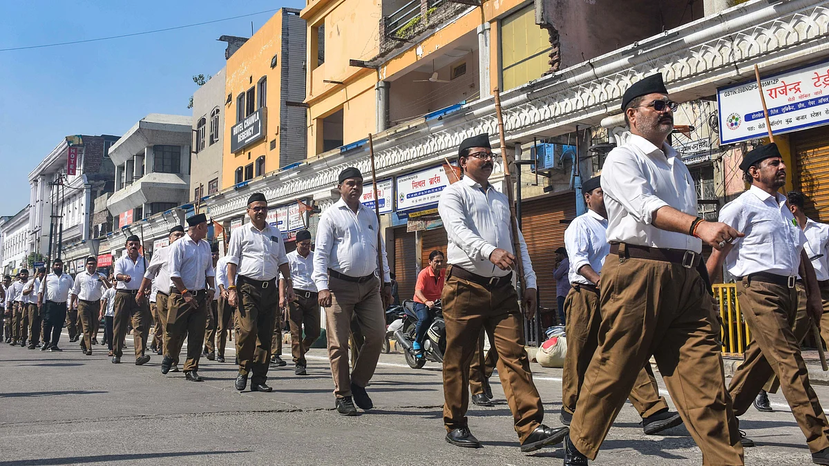 An RSS march in Moradabad, Uttar Pradesh