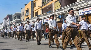 An RSS march in Moradabad, Uttar Pradesh