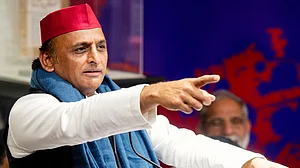 Akhilesh Yadav addresses a press conference at the party office in Lucknow, 16 Oct