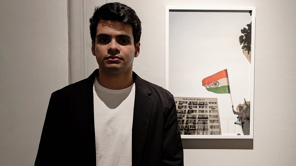 Raihan Vadra, son of Priyanka Gandhi Vadra, with one of his photographs at Bikaner House, 21 Oct