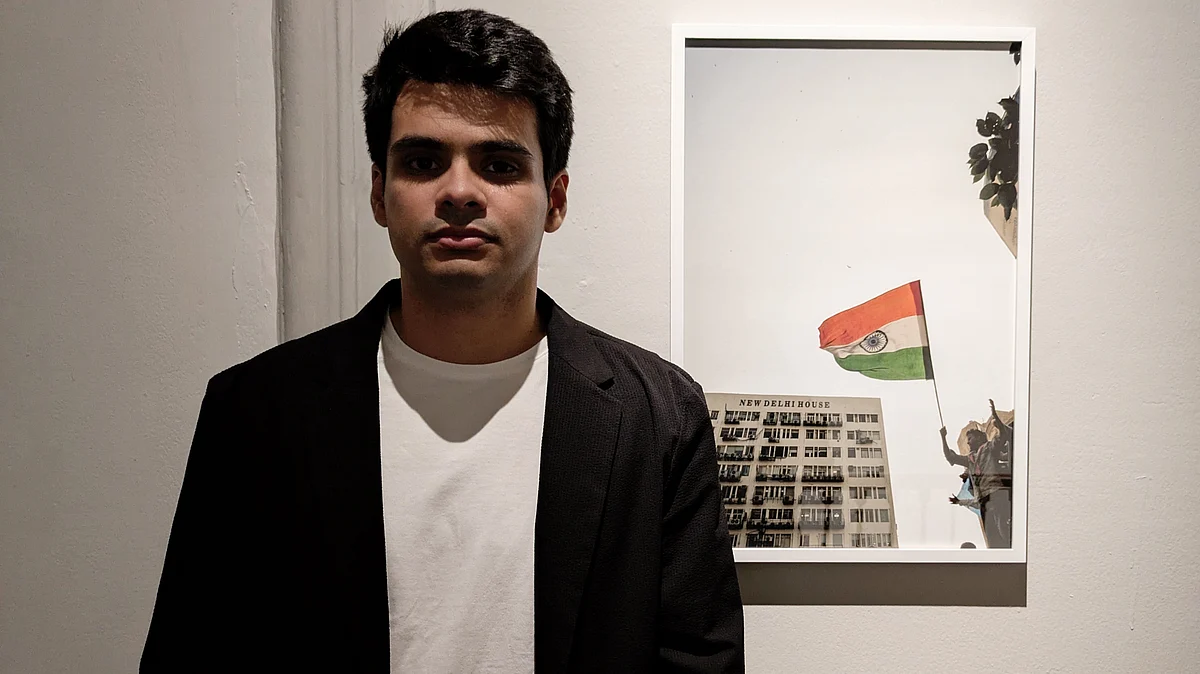 Raihan Vadra, son of Priyanka Gandhi Vadra, with one of his photographs at Bikaner House, 21 Oct