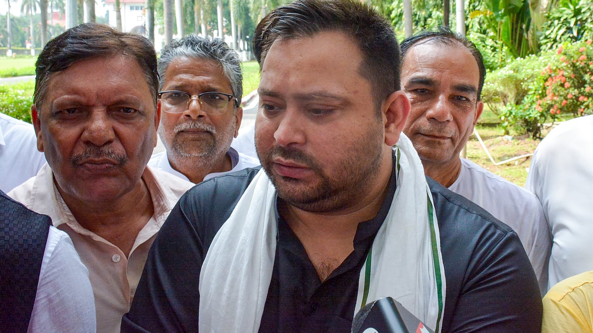 Tejashwi Yadav speaks to the media in Patna.