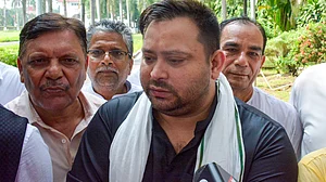 Tejashwi Yadav speaks to the media in Patna.