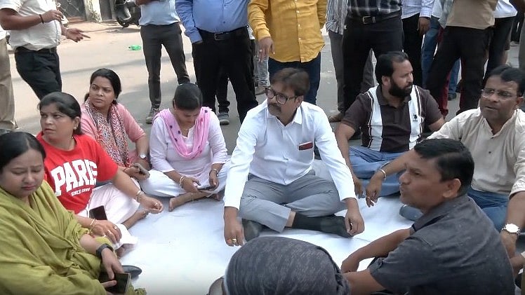 Lawyers protest against demolition of chambers in Lucknow.